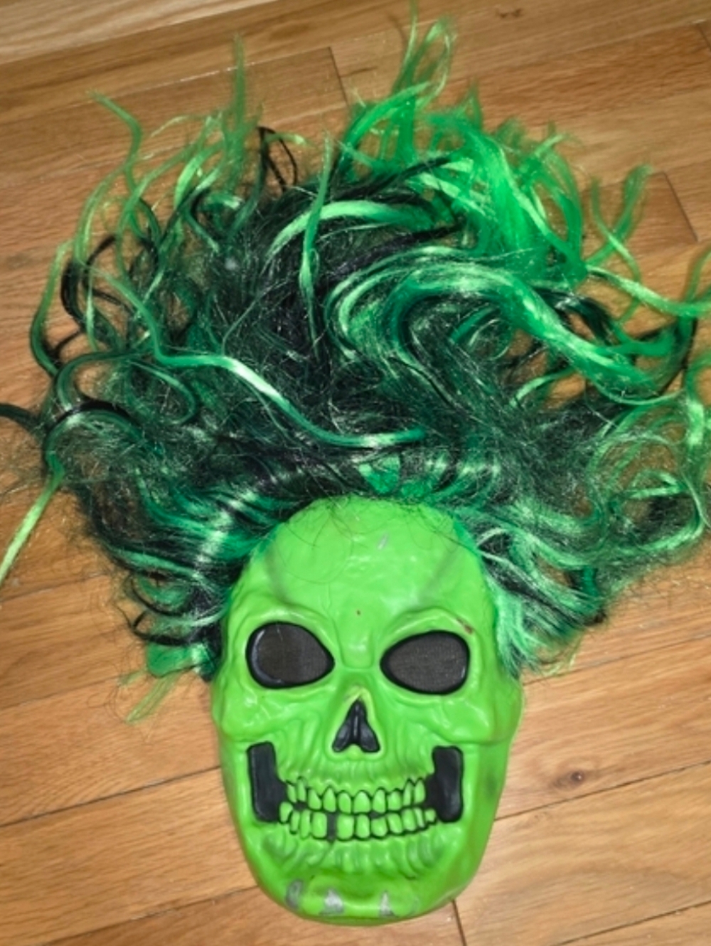 Vintage 1990's Green Skull Halloween Mask with Black-Green Hair Great Find!!
